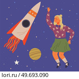 Astronaut woman with jet backpack flying among planets and rockets. Lady dressed as spaceman dreams about space. Girl with self made jetpack flying to sky. Person in costume of space explorer. Astronaut woman with jet backpack flying among planets. Lady dressed as spaceman dreams about space. Стоковая иллюстрация, агентство Ingram Publishing / Фотобанк Лори