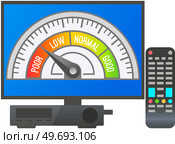 Quality scale with arrow from red to green and caliber of emotions, events on TV screen, switching speed. Measuring tachometer, speedometer. Colorful gauge element from poor to excellent, stress scale. Quality scale, arrow from red to green and caliber of emotions, events on TV screen, switching speed. Стоковая иллюстрация, агентство Ingram Publishing / Фотобанк Лори