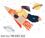 Astronaut woman flying among planets in dreams. Lady dressed as spaceman dreams about space. Girl with self made jetpack flying to sky. Person in costume of space explorer. Astronaut woman flying among planets in dreams. Lady dressed as spaceman dreams about space. Стоковая иллюстрация, агентство Ingram Publishing / Фотобанк Лори
