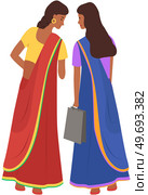 Indian girl in an ethnic traditional costume, sari holds paper bag in her hands, stands and reads document on wall. Asian pretty woman reading announcement back view in full growth isolated on white.. Beautiful indian women back view. Girlfriends in saree dresses cartoon characters talking at meeting. Стоковая иллюстрация, агентство Ingram Publishing / Фотобанк Лори