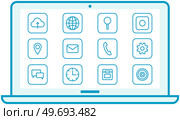 Arrangement of program shortcuts on display. Computer home screen, desktop interface with icons. Installed programs of modern device, digital technology design. Operating system and PC applications. Arrangement of program shortcuts on display. Computer home screen, desktop interface with icons. Стоковая иллюстрация, агентство Ingram Publishing / Фотобанк Лори
