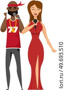 Couple of singers with microphones. Cartoon afro-american male, female vocalists singing in duet isolated characters. Bearded guy, stylish girl enjoying karaoke performance, having fun on stage. Couple of singers with microphones. Cartoon afro-american male, female vocalists singing in duet. Стоковая иллюстрация, агентство Ingram Publishing / Фотобанк Лори
