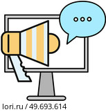Online chat message notifications with computer, sms communication, virtual discussion, ad with megaphone, advertising, monitor and chatting bubble speeches, concept of speak, conversation, dialog. Online chat message notifications with computer sms communication, virtual talk, ad with megaphone. Стоковая иллюстрация, агентство Ingram Publishing / Фотобанк Лори