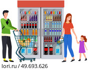 Person with shopping trolley chooses food at grocery store, supermarket. Shopping, customer in mall, retail shop concept. Cartoon character looking at fizzy drinks, lemonades in foodstuff store. Person looking at fizzy drinks, lemonades in foodstuff store. Shopping in supermarket concept. Стоковая иллюстрация, агентство Ingram Publishing / Фотобанк Лори
