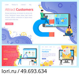 Set of web page design templates for consumer demand anaysis, getting feedback and customer attraction. People work with marketing, sales website optimization. Colleagues analyze customer base. Set of web page templates for consumer demand anaysis, getting feedback and customer attraction. Стоковая иллюстрация, агентство Ingram Publishing / Фотобанк Лори