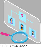 Search social profile, recruitment. Page with social network, human avatar and magnifying glass. Looking for candidate for new job, business communication, emloyment management, personal manager. Search social profile, recruitment. Page with social network, human avatar and magnifying glass. Стоковая иллюстрация, агентство Ingram Publishing / Фотобанк Лори