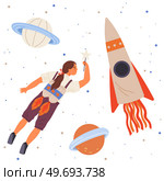 Astronaut woman with jet backpack. Lady dressed as astronaut at costume party. Outfit for holiday in cosmic style. Girl with self made jetpack flying to sky. Person in costume of space explorer. Girl with self made jetpack flying to sky. Lady dressed in astronaut, space explorer costume. Стоковая иллюстрация, агентство Ingram Publishing / Фотобанк Лори