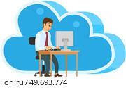 Businessman working telecommuting with laptop siting at workplace teleworking. Telework mobile remote work working from home, WFH, flexible workplace. Office worker at desk working on computer. Businessman working telecommuting with laptop siting at workplace, employee at desk with computer. Стоковая иллюстрация, агентство Ingram Publishing / Фотобанк Лори