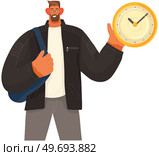 Man holding clock in hand to delay time. Character wants to deal with deadline. Watch as symbol of time management. Timekeeper with seconds and minutes in hands. Timer with arrows vector illustration. Man holding clock in hand to delay time. Character deals with deadline. Watch as symbol of control. Стоковая иллюстрация, агентство Ingram Publishing / Фотобанк Лори