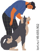 Pet owner male character plays with dog strokes his fur with hand. Caring for four-footed friend. Doggy and happy man friends isolated on white background. Fun domestic animal, human companion. Pet owner male character plays with dog strokes his fur with hand. Caring for four-footed friend. Стоковая иллюстрация, агентство Ingram Publishing / Фотобанк Лори