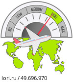 Speedometer and plane flying in sky. Speedometer and plane in sky. Tachometer with arrow and sectors, travel speed between continents, migration. Speedo with scales measuring instrument in airplane. Speedometer and plane in sky. Tachometer with arrow and sectors, travel speed between continents. Стоковая иллюстрация, агентство Ingram Publishing / Фотобанк Лори