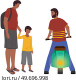 Dad holding boys hand, man talking to motorcyclist buddy. Family walking together. Parents and children, outdoor activity concept. Vector isolated people characters outdoors. Man stands with his son. Family walk together. Man with boy talking to motorcyclist buddy. Parents and children outdoors. Стоковая иллюстрация, агентство Ingram Publishing / Фотобанк Лори