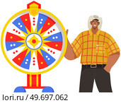 Game fortune wheel concept. Man playing risk game with roulette wheel and lottery. Casino and gambling, leisure vector. Casino felicity wheel winner game. Stylish man won, joyfully raised his hands up. Game fortune wheel. Man playing risk game with roulette wheel and lottery. Casino and gambling. Стоковая иллюстрация, агентство Ingram Publishing / Фотобанк Лори