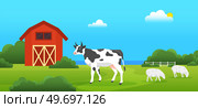 Farmyard, ecological farm with animals. Cow and sheeps graze in meadow. Livestock on background of field and barn. Organic farming, traditional agriculture concept. Farm landscape with cowshed. Farmyard, ecological farm with animals. Cow and sheeps, livestock on background of farmland. Стоковая иллюстрация, агентство Ingram Publishing / Фотобанк Лори