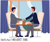 Business partnership cooperation beginning. Businessmen shaking hands after signing contract agreement. Business meeting of partners in office. Male colleagues discussing work and closing deal. Business partnership cooperation. Businessmen shaking hands after signing contract agreement. Стоковая иллюстрация, агентство Ingram Publishing / Фотобанк Лори