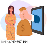 Businesswoman getting money from phone. Hand in smartphone screen holding bag of money vector illustration. Profit and income receive using technology. Woman earns via internet, cash payment. Businesswoman getting income, cash profit from phone. Hand in smartphone screen holding bag of money. Стоковая иллюстрация, агентство Ingram Publishing / Фотобанк Лори