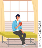 Man sitting on bench and uses tablet pc. Internet surfing or reading an article. Businessman chatting online at home. Social media, blogging. Male character talking via video call, recording podcast. Man sitting on bench and uses tablet pc. Male character talking via video call, recording podcast. Стоковая иллюстрация, агентство Ingram Publishing / Фотобанк Лори
