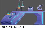 Laboratory workspace and workplace concept. Chemistry research lab interior with professional equipment for experiment, physics, biology. Science and technology development, biotechnology and analysis. Laboratory workspace and workplace. Chemistry research lab interior with professional equipment. Стоковая иллюстрация, агентство Ingram Publishing / Фотобанк Лори