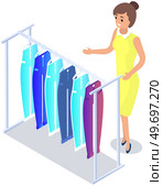 Choosing clothes in store, shopping concept. Female buyer chooses clothing in dressing room. Customer with dress hanging on hanger in mall. Woman shopper stands in fitting room of store or boutique. Choosing clothes in store, shopping concept. Female buyer chooses clothing in dressing room. Стоковая иллюстрация, агентство Ingram Publishing / Фотобанк Лори