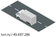 Truck, commercial lorry driving on city road. Delivery, logistics. Wagon with trailer for transporting, garbage removal. Vehicle for transpportation and shipping. Delivery of parcels by transport. Truck, commercial lorry driving on road. Delivery, logistics. Wagon with trailer for transporting. Стоковая иллюстрация, агентство Ingram Publishing / Фотобанк Лори
