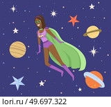 Female superhero at galaxy flying in space vector flat illustration. Woman in cosmic space near planet. Concept of facing with new and unknown. Flying person exploring space and discovering mysteries. Female superhero at galaxy flying in space vector illustration. Woman in cosmic space near planet. Стоковая иллюстрация, агентство Ingram Publishing / Фотобанк Лори