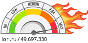 Color scale with arrow from red to green and caliber of emotions, deadline concept, tense, incandescent situation. Measuring device tachometer, speedometer. Stress scale, lack of time, lateness. Color scale with arrow from red to green. Measuring device with sectors from low to maximum. Стоковая иллюстрация, агентство Ingram Publishing / Фотобанк Лори