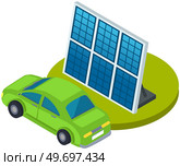 Electric car charging near alternative energy sources. Vehicle on renewable smart electricity network grid. Production of bio power for charging modern auto. Solar panels to create eco fuel. Electric car charging near alternative energy solar panels. Vehicle on renewable smart electricity. Стоковая иллюстрация, агентство Ingram Publishing / Фотобанк Лори