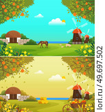 Farmyard, ecological farm in different seasons. Organic farming, traditional agriculture and growing food concept. Farm landscape with mill and barn. Farmland with animals in spring and autumn harvest. Farmyard, ecological farm in different seasons. Farmland with animals in spring and autumn harvest. Стоковая иллюстрация, агентство Ingram Publishing / Фотобанк Лори