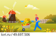 Farmer wearing in overalls and rubber boots pushing wheelbarrow full of vegetables. Agricultural male worker with autumn harvest. Man rancher going with vegetables in cart, harvesting in farm. Farmer going with vegetables in cart, harvesting. Agricultural male worker with autumn harvest. Стоковая иллюстрация, агентство Ingram Publishing / Фотобанк Лори