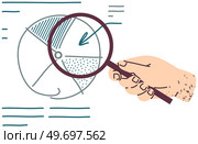 Hand drawn financial accounting and work with statistics concept with human hand holding loupe. Business process diagram on paper sheet. Data analysis, audit, project management, marketing research. Hand drawn financial accounting and work with statistics concept with human hand holding loupe. Стоковая иллюстрация, агентство Ingram Publishing / Фотобанк Лори