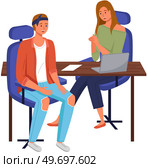People at interview for radio broadcast. Job interview. Man and woman recording podcast. Conversation with candidate. Woman host listening to guy guest answering. Interviewer and interviewee talking. People at interview for radio broadcast. Job interview. Man and woman recording podcast in studio. Стоковая иллюстрация, агентство Ingram Publishing / Фотобанк Лори