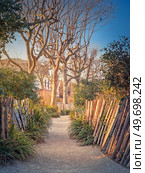 Narrow footpath in the park along wooden fence, plants and sycamore trees in the square of Asnieres-sur-Seine mairie, Paris, France. Стоковое фото, агентство Ingram Publishing / Фотобанк Лори