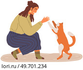 Female pet owner plays with cat. Caring for four-footed friend concept. Kitty and woman friends isolated on white background. Lady spends time with kitten, domestic animal, human companion at home. Female pet owner plays with cat. Happy lady spends time with kitten, domestic animal at home. Стоковая иллюстрация, агентство Ingram Publishing / Фотобанк Лори