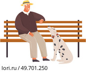 Pet owner sitting on bench with dalmatian dog. Caring for animals, joint pastime with pets concept. Elderly man with domestic animal in park. Retired male character spends time with puppy outdoor. Pet owner sitting on bench with dalmatian dog. Retired male character spends time with pet outdoor. Стоковая иллюстрация, агентство Ingram Publishing / Фотобанк Лори