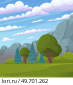 Natural landscape background with hills, clear blue sky and clouds, green mounds overgrown with grass, trees and bushes in forest. Beautiful unspoilt nature tourist area, summertime, adventure time. Natural landscape background with hills clear blue sky and clouds green slopes overgrown with grass. Стоковая иллюстрация, агентство Ingram Publishing / Фотобанк Лори