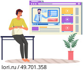 Online courses, e-learning concept. Youtube video player with video content mockup. Social media, modern digital technologies. Young man blogger leads video blog records podcasts for subscribers. Online courses, e-learning. Youtube video player with video content. Man blogger leads video blog. Стоковая иллюстрация, агентство Ingram Publishing / Фотобанк Лори