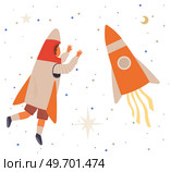 Astronaut travels in intergalactic space. Man on spaceship flies in solar system. Fantastic transport of explorer in space. Spaceman flying among rocket and stars. Sky landscape with celestial objects. Astronaut travels in intergalactic space. Man, spaceman on spaceship flies among rocket and stars. Стоковая иллюстрация, агентство Ingram Publishing / Фотобанк Лори