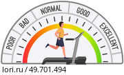Man running on treadmill doing exercise. Active male on running track with speedometer scale. Sporty guy training at home. Workout at gym cardio fitness coaching equipment with load measurement. Man running on treadmill doing exercise. Active male on running track with speedometer scale. Стоковая иллюстрация, агентство Ingram Publishing / Фотобанк Лори