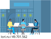 Web hosting and administrators in virtual server room, datacenter and database cloud storage, memory slot, futuristic technology, VPN system, data processing and encryption, employees programmers. Web hosting and administrators in virtual server room, datacenter and database cloud storage. Стоковая иллюстрация, агентство Ingram Publishing / Фотобанк Лори