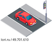 Car near traffic light on street. Driver stops in front of signal electric lantern. Movement and transportation in city. Track with car and road marking. Automobile stands at road with traffic light. Automobile stands at road with traffic light. Driver stops in front of signal electric lantern. Стоковая иллюстрация, агентство Ingram Publishing / Фотобанк Лори