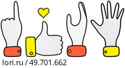Gestures set symbol of direction indication, ok sign, greeting hand. Hand with pointing finger. Man showing gesture of pointing to something. Human palm gesturing well. Person makes choise and shows. Gestures set symbol of direction indication, ok sign, greeting hand. Hand with pointing finger. Стоковая иллюстрация, агентство Ingram Publishing / Фотобанк Лори