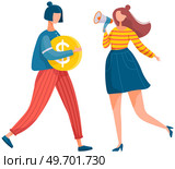 Product presentation to customers concept. Marketing strategy to attract potential customers. Effect of advertising on senses and mind. Motivation to visit site, make purchase. Woman with loudspeaker. Marketing strategy to attract potential customers. Woman with loudspeaker and client with money. Стоковая иллюстрация, агентство Ingram Publishing / Фотобанк Лори