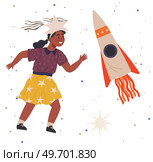 Astronaut woman with jet backpack. Lady dressed as astronaut at costume party. Outfit for holiday in cosmic style. Girl with self made jetpack flying to sky. Person in costume of space explorer. Girl with self made jetpack flying to sky. Lady dressed in astronaut, space explorer costume. Стоковая иллюстрация, агентство Ingram Publishing / Фотобанк Лори
