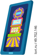 Online casino marketing concept, tap to play button. Mobile phone with screenshot of slots logo with slot machines, bonuses, free spins. Now on your mobile device. Referral marketing, gambling app. Online casino marketing concept. Mobile phone with screenshot of slots logo with slot machine. Стоковая иллюстрация, агентство Ingram Publishing / Фотобанк Лори