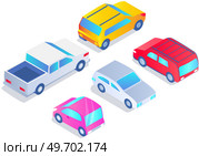 Set of automobiles of different shapes and colors. Sports car, convertible, suv, hatchback icons. Vehicle, means of transportation in city and nature. Types of passenger cars vector illustration. Set of automobiles of different shapes and colors. Sports car, convertible, suv, hatchback icons. Стоковая иллюстрация, агентство Ingram Publishing / Фотобанк Лори