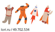 Set of different costumes for people at space party. Clothes for astronauts characters, explorers. Outfit for holiday in cosmic style. Men and women in creative suits for costume party entertainment. Set of funny different costumes for people at space party. Clothes for astronauts characters. Стоковая иллюстрация, агентство Ingram Publishing / Фотобанк Лори
