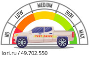 Speedometer and test drive. Trip by car to assess driving performance and general consumer properties. Tachometer with arrow. Speedo with scales and pointers for measurement of speed and kilometers. Speedometer and test drive. Trip by car to assess driving performance, general consumer properties. Стоковая иллюстрация, агентство Ingram Publishing / Фотобанк Лори