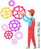 Repairman in red overall working, locksmith engineer fixes breakdown in group of gears. Man holding screwdriver. Repair and maintenance service concept. Male character repairing broken mechanism. Repairman in red overall working, locksmith engineer fixes breakdown in mechanism in group of gears. Стоковая иллюстрация, агентство Ingram Publishing / Фотобанк Лори