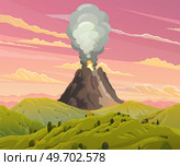 Strong jet of effluent hot lava. Erupting rock pinnacle volcano disaster with burning fire. Volcanic eruption mountain with magma in exotic village. Volcano with lava on tourist tropical island. Volcanic eruption mountain with magma in exotic village. Volcano with lava on tropical island. Стоковая иллюстрация, агентство Ingram Publishing / Фотобанк Лори