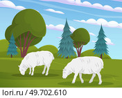 Cute white sheeps on meadow with green grass. Farm animals grazing in pasture. Sheeps, country inhabitants walking on rural land. Charming domestic cattle for meat and wool production companies. Cute white sheeps on meadow with green grass. Farm animals. country inhabitants grazing in pasture. Стоковая иллюстрация, агентство Ingram Publishing / Фотобанк Лори
